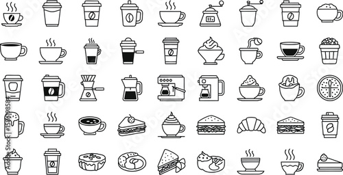 Vector art of a delightful array of coffee icons features various beverages, brewing equipment, and delectable pastries, isolated on white background