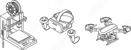Vector art of isometric outline illustration of a 3d printer, vr headset with controllers, and a drone isolated on white background