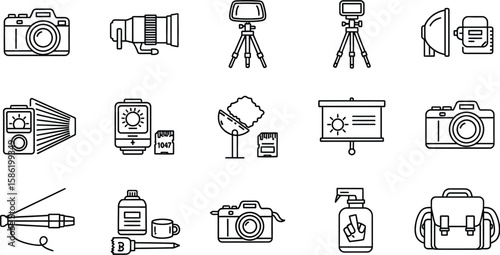 Vector art of outline icons of photography equipment including cameras, lenses, tripods, flashes, and other accessories isolated on white background