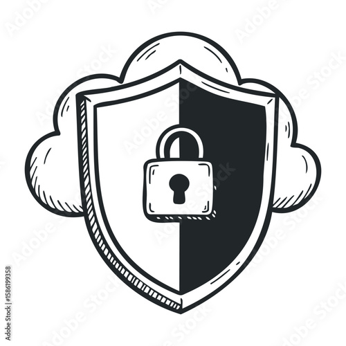 Cybersecurity shield with lock and cloud illustration for data protection concept. Hand drawn vector illustration
