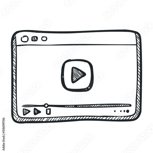 Outline drawing of a video player interface with play button and controls. Hand drawn vector illustration