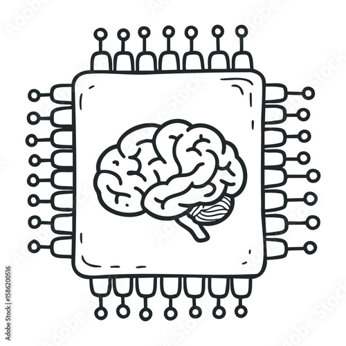 Brain on microchip - symbol of artificial intelligence and human mind integration. Hand drawn vector illustration