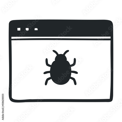 Bug icon on webpage window representing computer virus. Hand drawn vector illustration