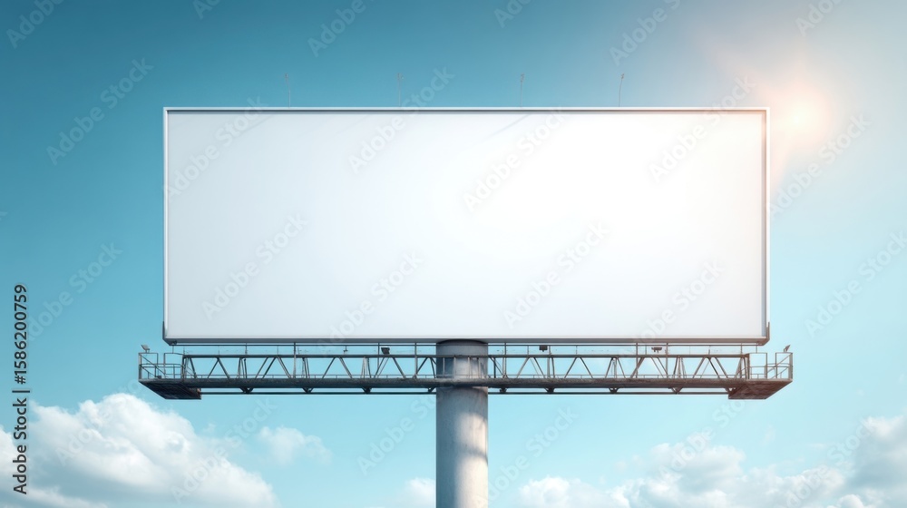 Obraz premium Large Empty White Outdoor Billboard Sign on Metal Frame Against Blue Sky Background.