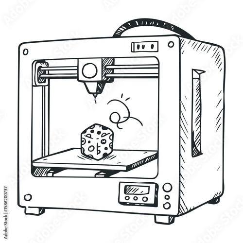 Monochrome 3d printer sketch with dice on print bed in progress. Hand drawn vector illustration