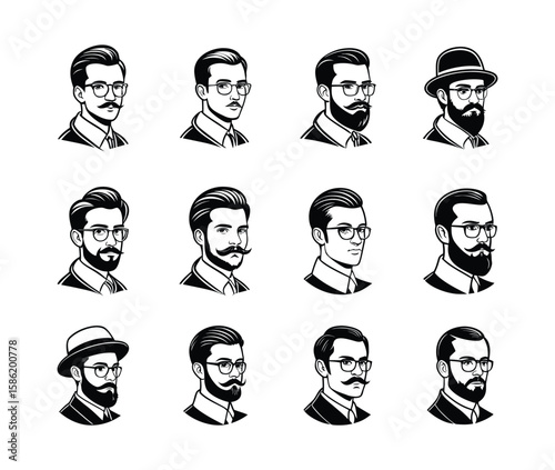 Man icon, businessman avatar vector, office worker icon, hipster face design, graphic male portrait, businessman avatar, bearded man, office worker, hipster face, male portrait