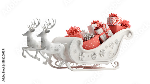 A cute 3D white Santa sleigh toy, with gift boxes inside