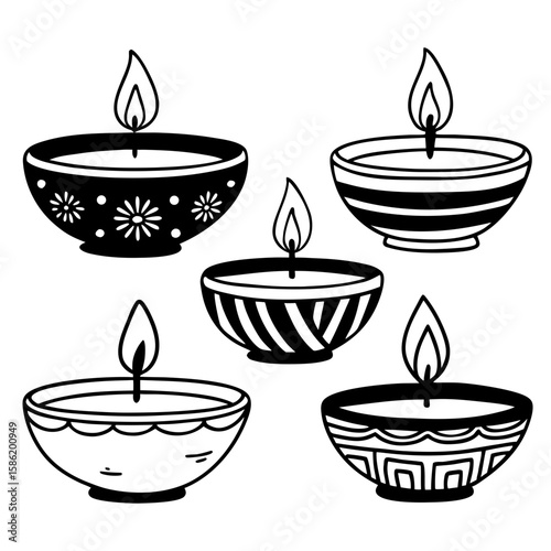 Hand-Drawn Diwali Diya Oil Lamp Sketch Set