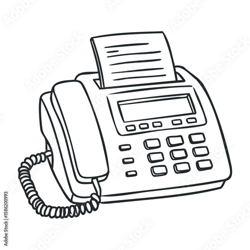 Black and white drawing of retro fax machine with handset and buttons. Hand drawn vector illustration