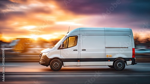 Delivery van speeds along the highway at sunset, capturing motion for fitness product delivery concept