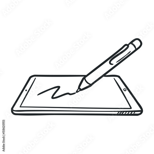 Digital tablet with stylus pen drawing a line - technology and creativity concept. Hand drawn vector illustration