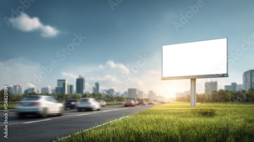 Large blank outdoor billboard on highway with cityscape background at sunset.