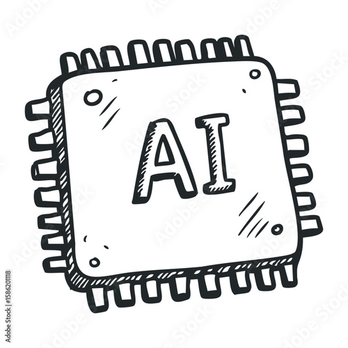 Sketch of ai microchip vector illustration with hand-drawn circuit design. Hand drawn vector illustration