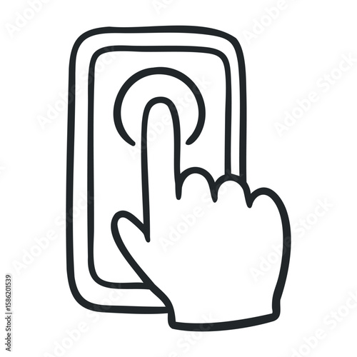 Hand pressing doorbell icon in black and white outline illustration. Hand drawn vector illustration