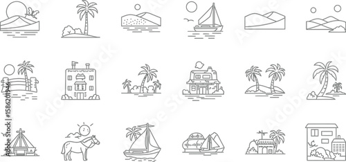 Vector art of a collection of line art illustrations depicts various landscapes, seascapes, and architectural elements, showcasing a blend of natural and man made environments