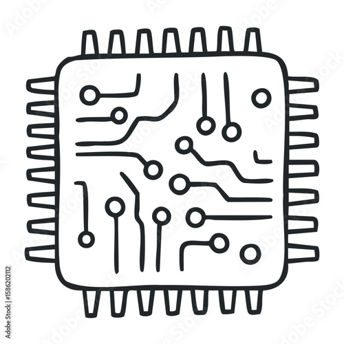 Simple circuit design on microchip with electronic connections and pins. Hand drawn vector illustration