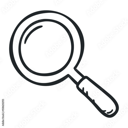 Simple black magnifying glass icon on white background. Hand drawn vector illustration