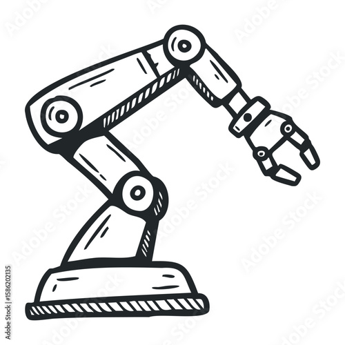 Mechanical robotic arm illustration with industrial design elements. Hand drawn vector illustration
