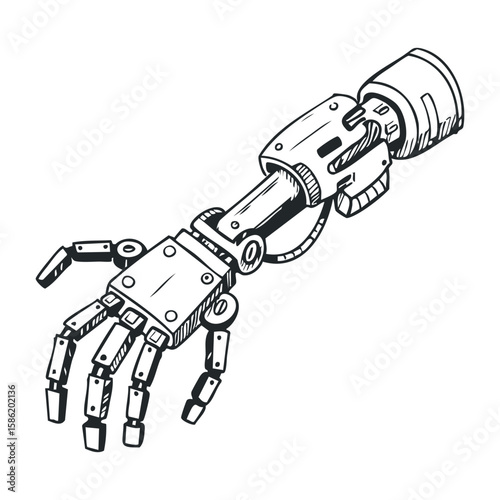 Futuristic robotic arm with mechanical fingers in black and white line art style. Hand drawn vector illustration