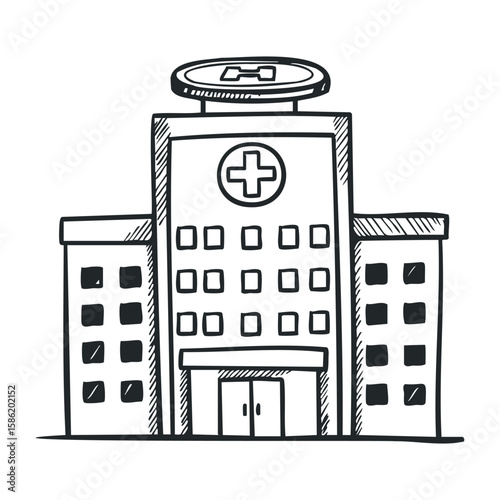 Hand-drawn outline of a modern urban hospital building with helipad and cross symbol. Hand drawn vector illustration