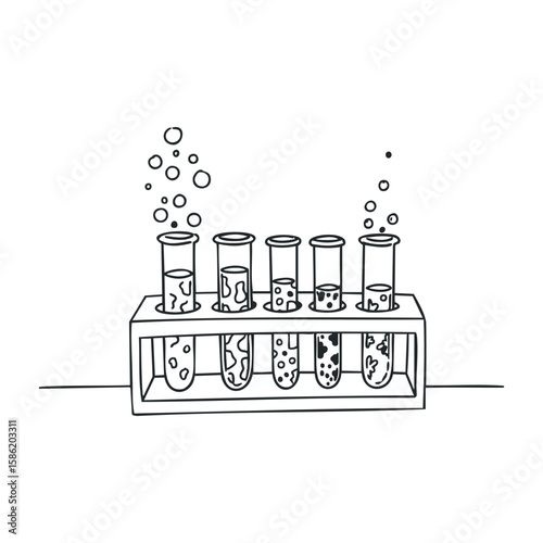 Chemistry lab: test tubes with bubbling reagents in a rack. Hand drawn vector illustration