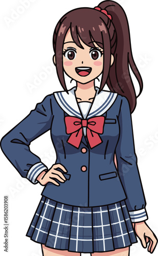 笑顔の女子高生：日本の学校生活、アニメ風フラットデザインイラスト