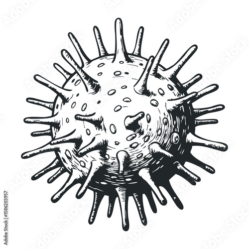 Detailed monochrome virus structure illustration with spiked surface and circular features. Hand drawn vector illustration