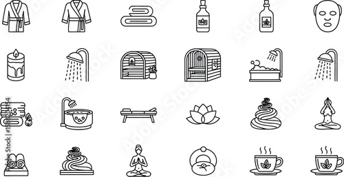 Vector art of a set of spa and wellness icons isolated on white background features elements like robes, towels, candles, and massage stones for relaxation