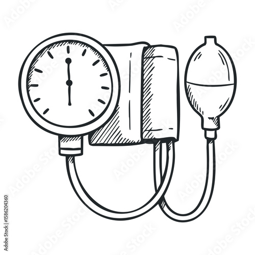 Sketch of classic sphygmomanometer with bulb for blood pressure measurement. Hand drawn vector illustration