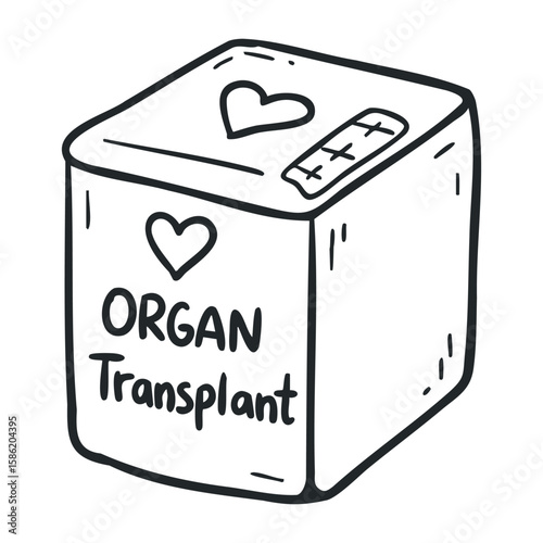 Black and white organ donation box with heart symbol and transplant text. Hand drawn vector illustration