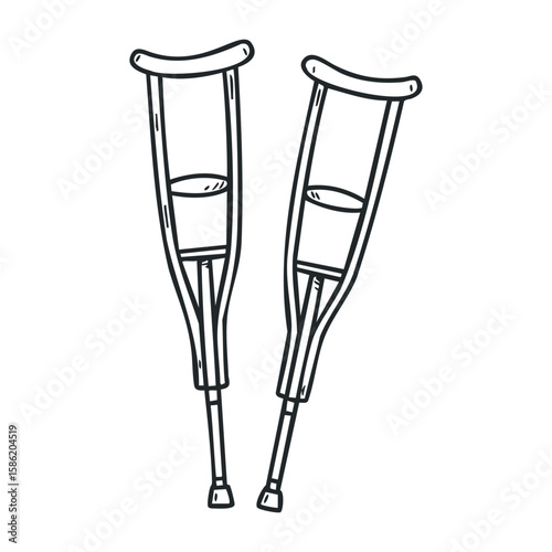Illustrated pair of medical crutches in black and white line art design. Hand drawn vector illustration