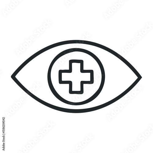 Medical eye icon with cross symbolizing health and vision care. Hand drawn vector illustration