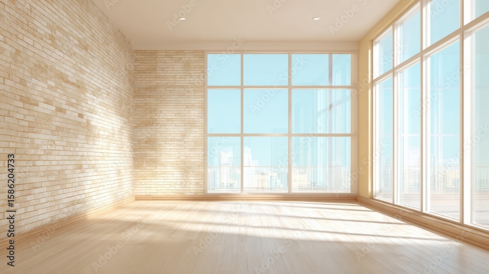 Fototapeta premium Bright spacious empty room with large windows overlooking cityscape and sunlight.
