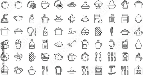 Vector art of a variety of kitchen and cooking related icons including a tomato, lemon, cup, dish, bowl, and teapot isolated on white background