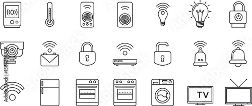 Vector art of a set of smart home devices including a thermostat, thermometer, remote, light bulb, lock, and camera isolated on white background