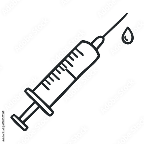 Medical syringe with drop - symbol of vaccination, healthcare, medicine, injection safety. Hand drawn vector illustration