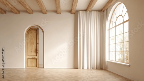 Bright airy room with large arched window white curtains wooden door and minimal decor.