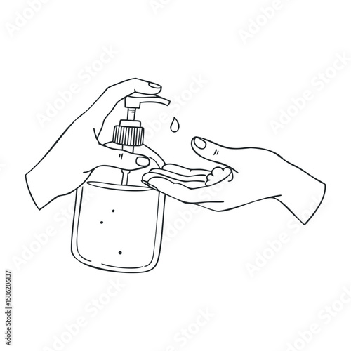 Hand sanitizer dispenser and hands - clean hygiene drawing illustration. Hand drawn vector illustration