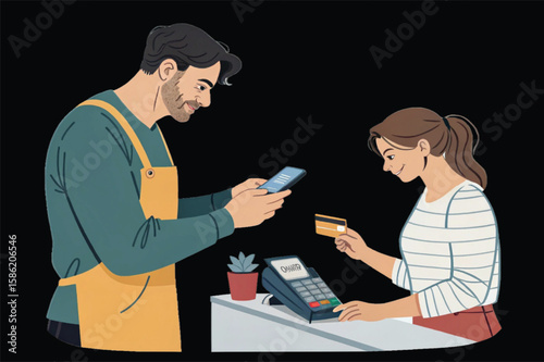 man and woman in a restaurant. cashier   credit card to a sales clerk. Close-up of customer paying cashless with smartphone in a café
