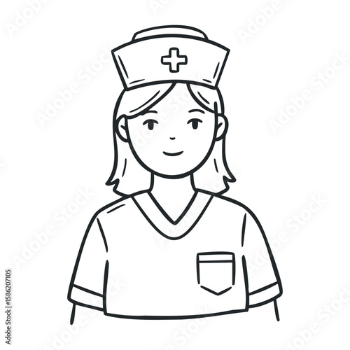 Female nurse cartoon outline - front view, smiling, wearing scrubs, healthcare concept. Hand drawn vector illustration