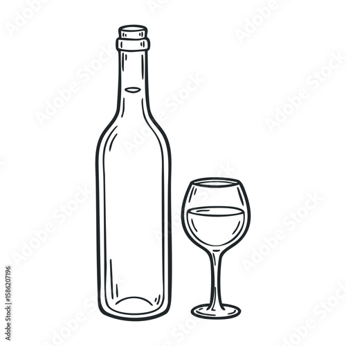 Simple black line drawing of wine bottle and glass on white background. Hand drawn vector illustration