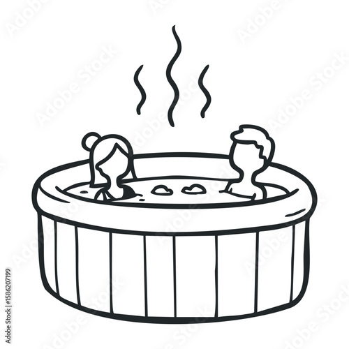 Cartoon of a young caucasian female and male relaxing in a hot tub. Hand drawn vector illustration