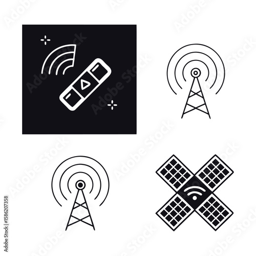 Set of black and white technology icons including satellite and radio tower emitting wireless signals

