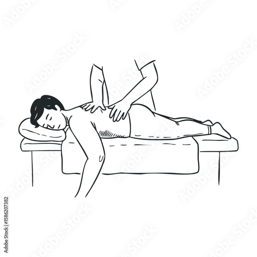 Asian male receiving relaxing back massage from therapist on table. Hand drawn vector illustration