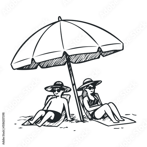 Caucasian adults relaxing under beach umbrella in summer. Hand drawn vector illustration
