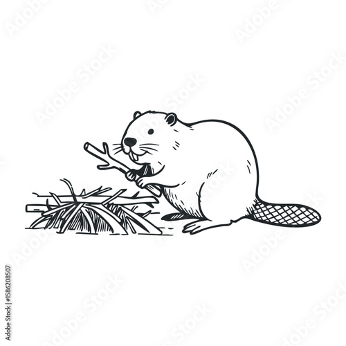 Beaver building dam sketch with branches and chew marks. Hand drawn vector illustration