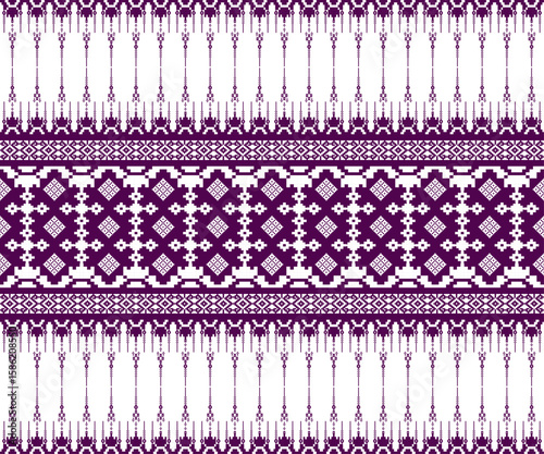 Bold purple and white pixel art tribal seamless pattern with horizontal geometric motifs.