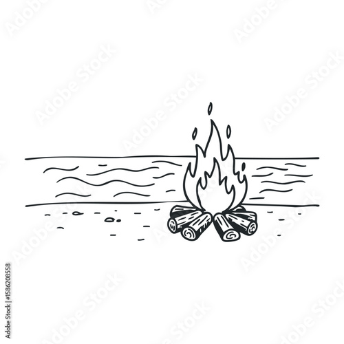 Beach bonfire under a starry night with gently crashing waves and warm flames. Hand drawn vector illustration