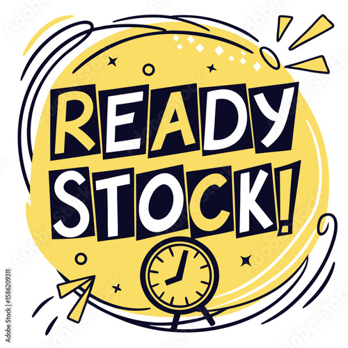 A bold ready stock message announces immediate availability against a vibrant yellow round backdrop