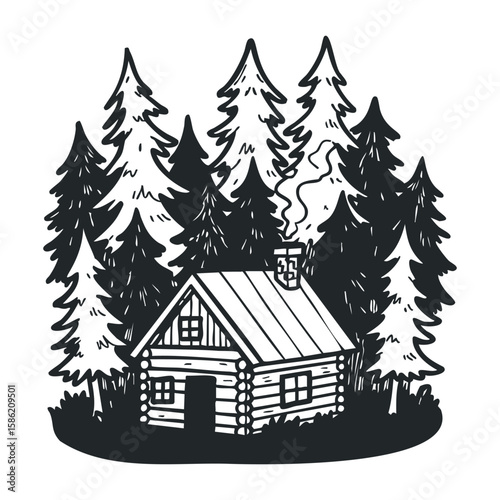 Cozy log cabin nestled among pine trees with smoky chimney in forest. Hand drawn vector illustration